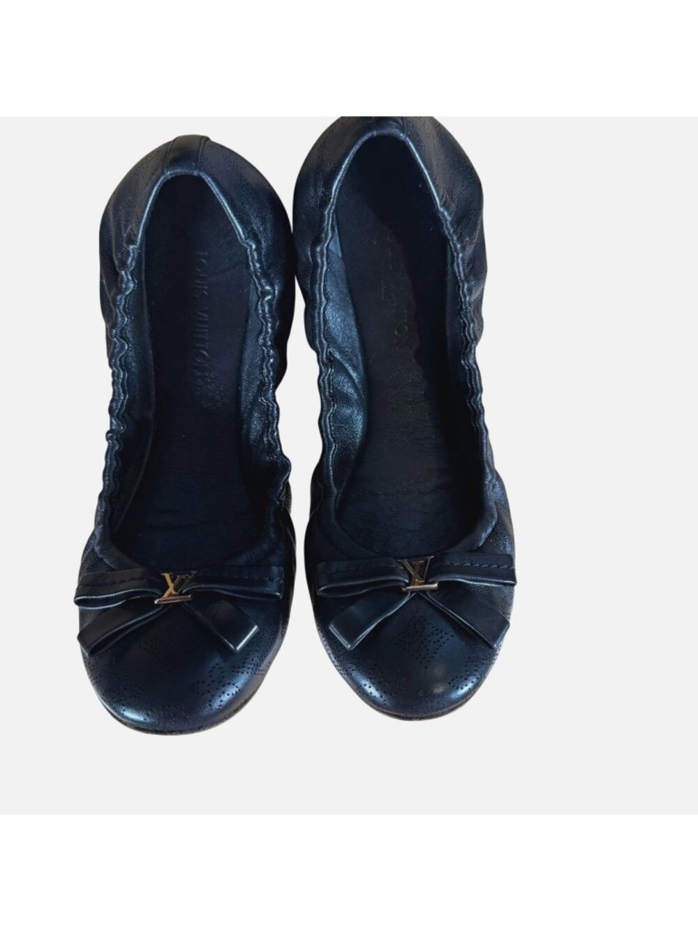 Louis Vuitton Black Scrunch Perforated LV Charm Bow Ballet Flats Size 37.5